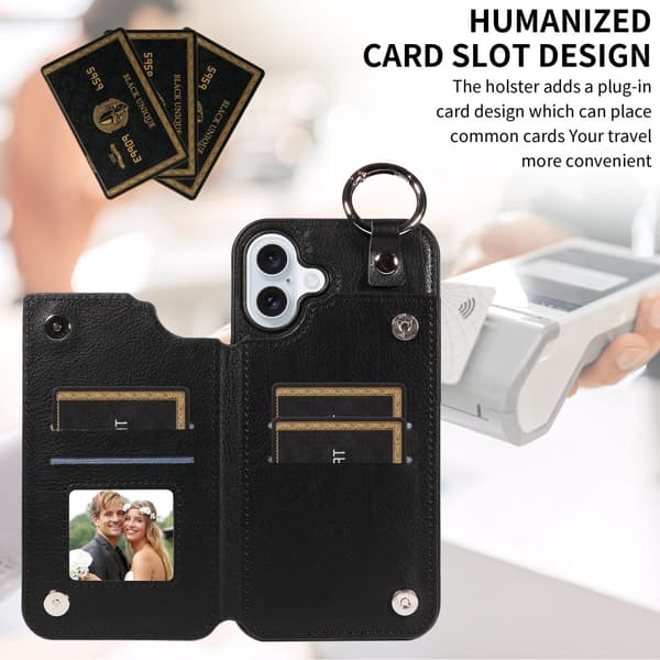 SKALO iPhone 16 Plus PU-Læder Kortholder Ring Cover - Sort