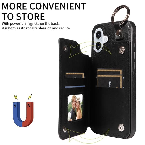 SKALO iPhone 16 Plus PU-Læder Kortholder Ring Cover - Sort