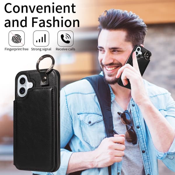 SKALO iPhone 16 Plus PU-Læder Kortholder Ring Cover - Sort