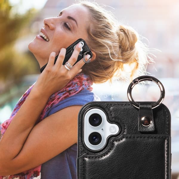 SKALO iPhone 16 Plus PU-Læder Kortholder Ring Cover - Sort