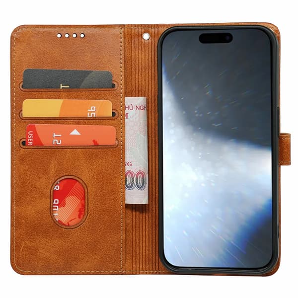 SKALO iPhone 16 Plus Flip Cover m. pung i PU-læder - Brun