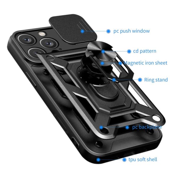 SKALO iPhone 16 Pro Armor Hybrid Metal Ring Camera Slider - Sort