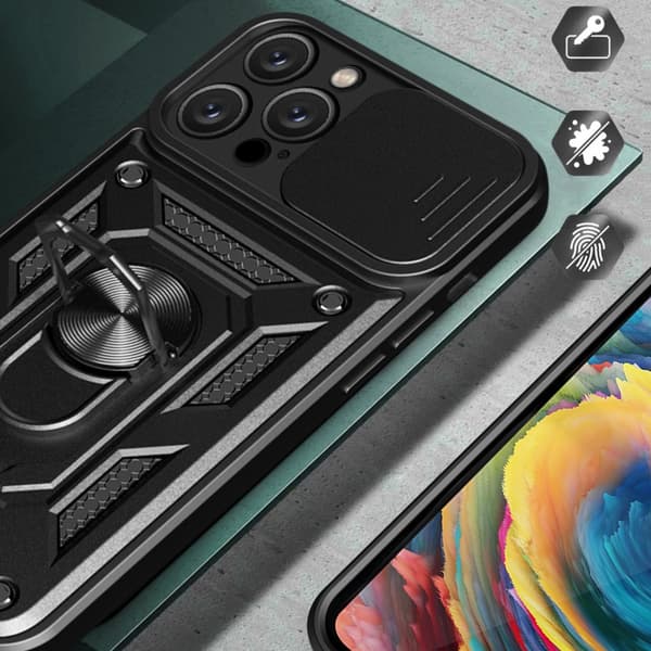 SKALO iPhone 16 Pro Armor Hybrid Metal Ring Camera Slider - Sort