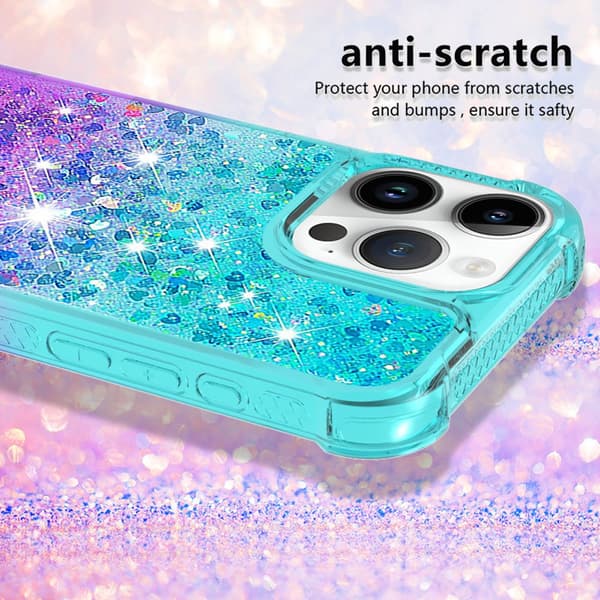 SKALO iPhone 16 Pro Kvicksand Glitter Hjerter TPU Cover - Turkis-Lilla