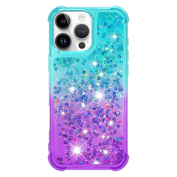SKALO iPhone 16 Pro Kvicksand Glitter Hjerter TPU Cover - Turkis-Lilla
