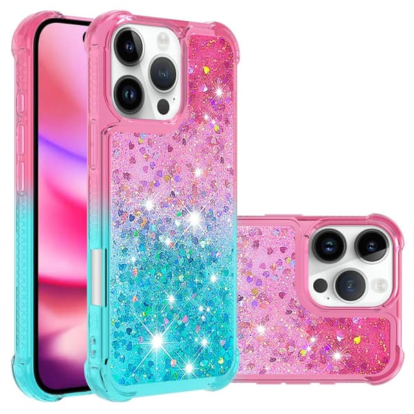 SKALO iPhone 16 Pro Kvicksand Glitter Hjerter TPU Cover - Pink-Turkis