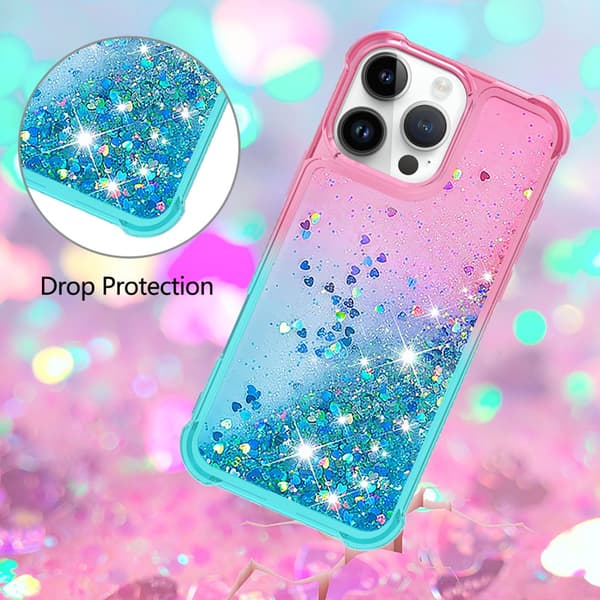 SKALO iPhone 16 Pro Kvicksand Glitter Hjerter TPU Cover - Pink-Turkis