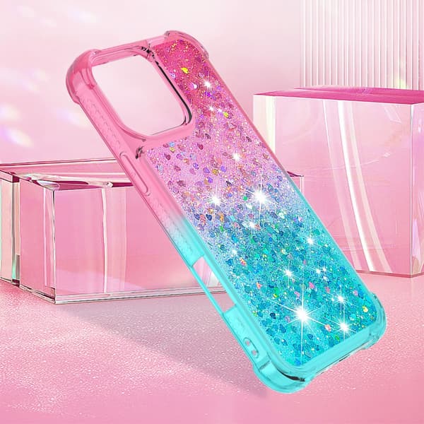 SKALO iPhone 16 Pro Kvicksand Glitter Hjerter TPU Cover - Pink-Turkis