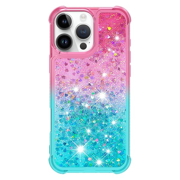 SKALO iPhone 16 Pro Kvicksand Glitter Hjerter TPU Cover - Pink-Turkis