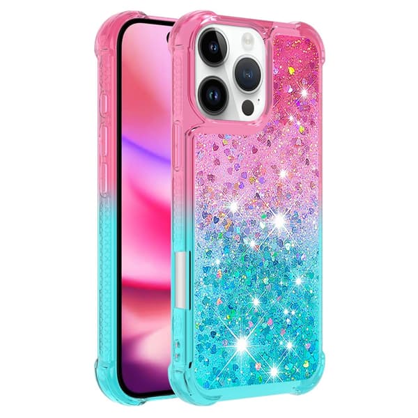 SKALO iPhone 16 Pro Kvicksand Glitter Hjerter TPU Cover - Pink-Turkis