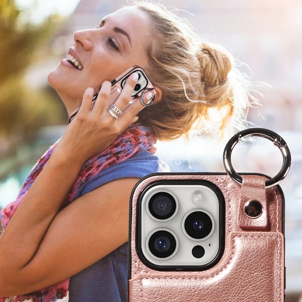 SKALO iPhone 16 Pro PU-Läder Korthållare med Ring Skal - Roséguld
