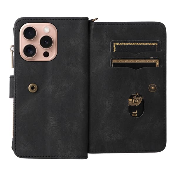 SKALO iPhone 16 Pro Big Wallet 17-RUM Pungetui - Sort