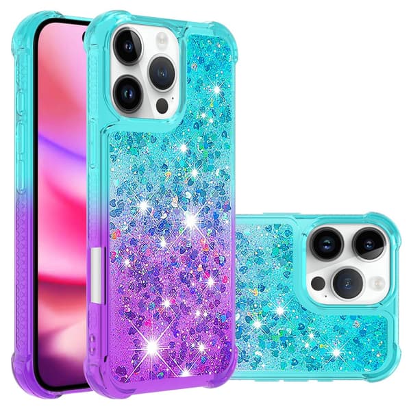 SKALO iPhone 16 Pro Max Kvicksand Glitter Hjerter TPU Cover - Turkis-Lilla