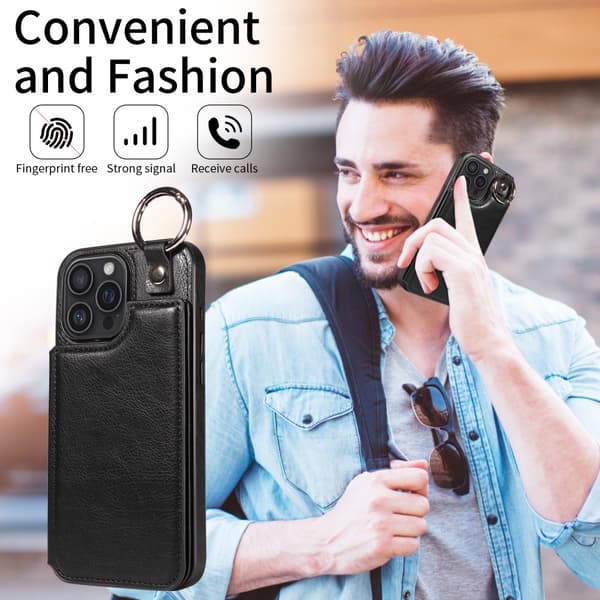 SKALO iPhone 16 Pro Max PU-Læder Kortholder Ring Cover - Sort