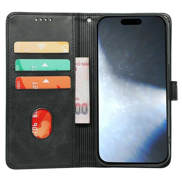 SKALO iPhone 16 Pro Max Flip Cover m. pung i PU-læder - Sort