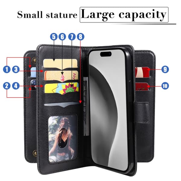 SKALO iPhone 16 Pro Max 10-lokeroa Lompakkokotelo - Musta