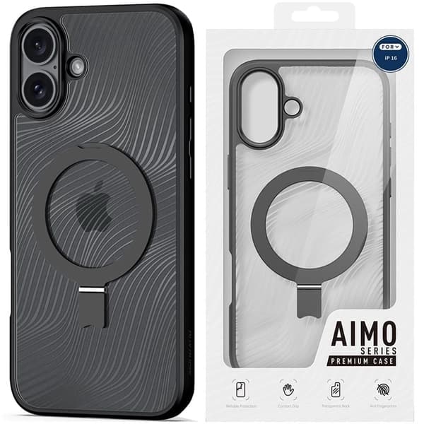 Dux Ducis Aimo Mag kotelo MagSafella ja jalustalla iPhone 16:lle - musta