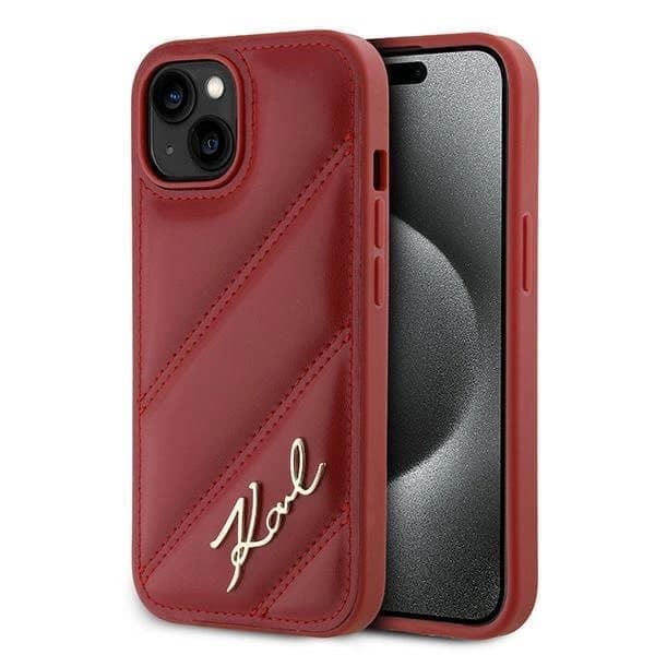 Karl Lagerfeld Diagonal Quilted Script -kotelo iPhone 15/14/13 -puhelimelle - punainen