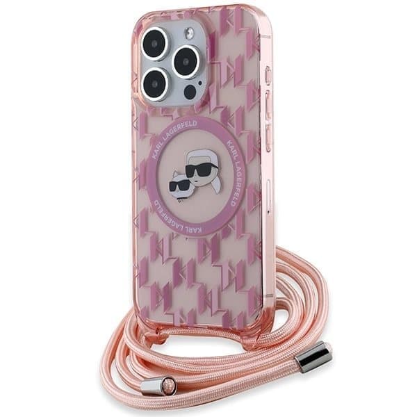 Karl Lagerfeld IML Crossbody Monogram Karl & Choupette Head MagSafe suojakuori iPhone 15 Prolle - pinkki
