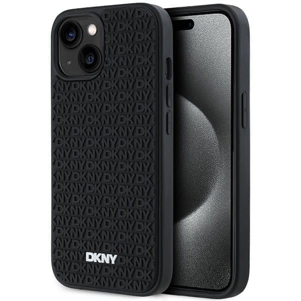 DKNY 3D Rubber Repeat Pattern -kotelo iPhone 15 Plus -puhelimelle - musta