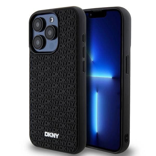 DKNY 3D Rubber Repeat Pattern -kotelo iPhone 15 Prolle - musta