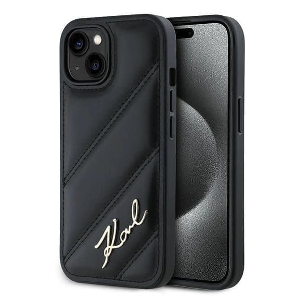 Karl Lagerfeld Diagonal Quilted Script -kotelo iPhone 13:lle - musta