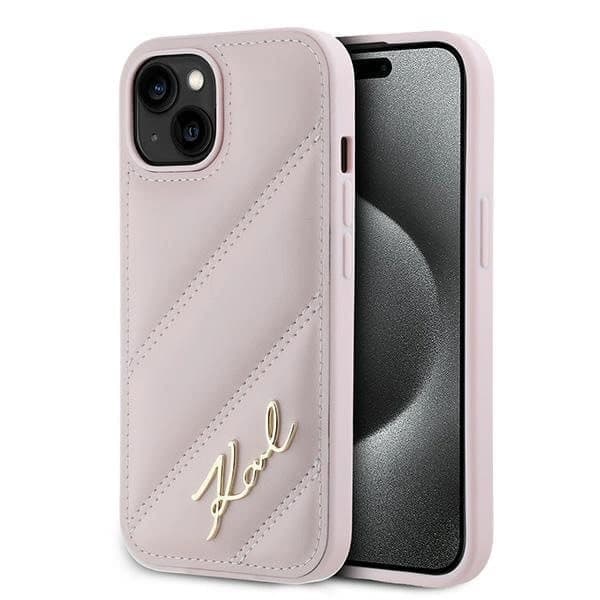 Karl Lagerfeld Diagonal Quilted Script -kotelo iPhone 15 Plus / 14 Plus -puhelimelle - vaaleanpunainen