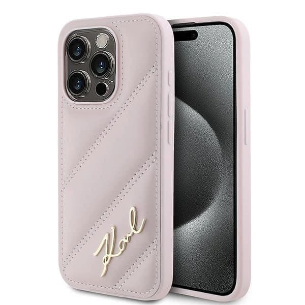 Karl Lagerfeld Diagonal Quilted Script -kotelo iPhone 15 Prolle - vaaleanpunainen