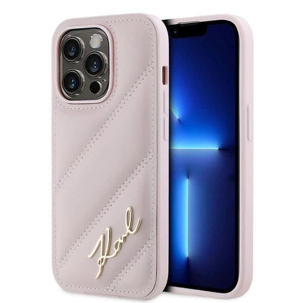 Karl Lagerfeld Diagonal Quilted Script -kotelo iPhone 14 Pro Maxille - vaaleanpunainen