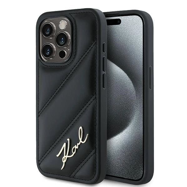 Karl Lagerfeld Diagonal Quilted Script -kotelo iPhone 15 Prolle - musta