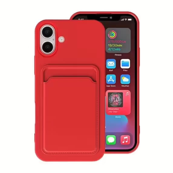 iPhone 16 Plus Mobilskal Silikon med Korthållare - Röd