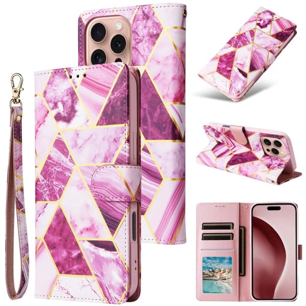 iPhone 16 Pro Fodral Läder Marmor Rosa