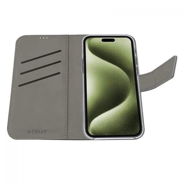 Celly iPhone 16 Kotelo Wally Wallet Case Musta