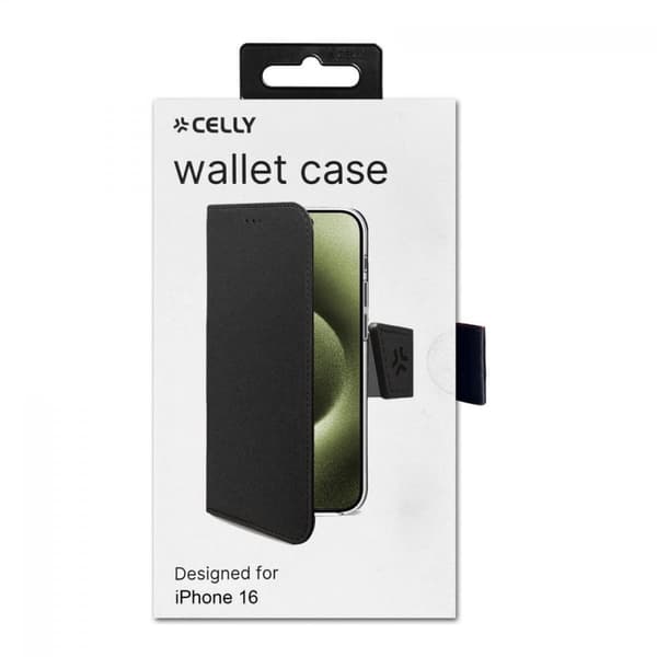 Celly iPhone 16 Kotelo Wally Wallet Case Musta