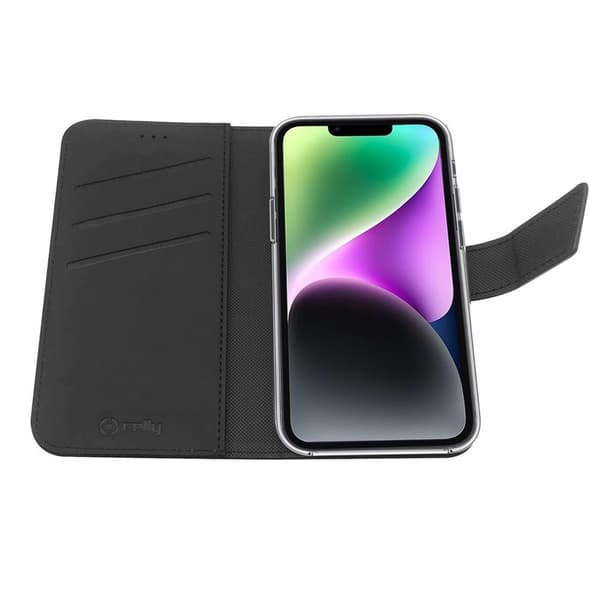 Celly iPhone 14 Kotelo Wally Wallet Case Musta