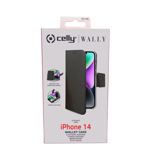 Celly iPhone 14 Kotelo Wally Wallet Case Musta