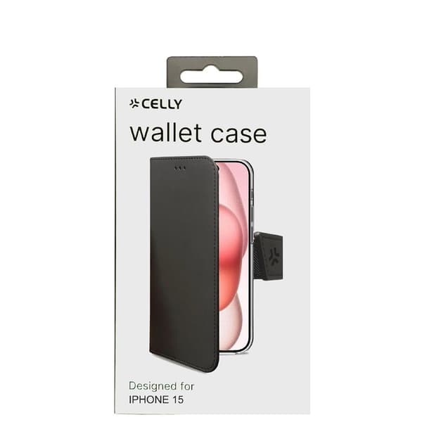 Celly iPhone 15 Kotelo Wally Wallet Case Musta