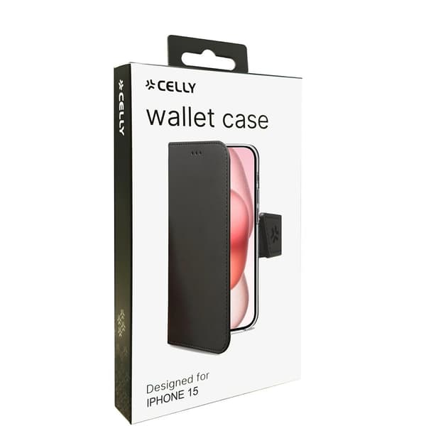 Celly iPhone 15 Kotelo Wally Wallet Case Musta