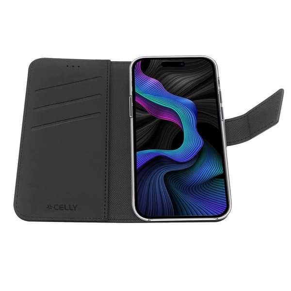 Celly iPhone 15 Kotelo Wally Wallet Case Musta