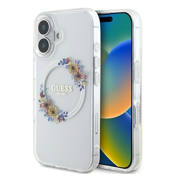 Guess GUHMP16MHFWFCT iPhone 16 Plus 6,7" läpinäkyvä kovakotelo IML Flowers Wreath MagSafe