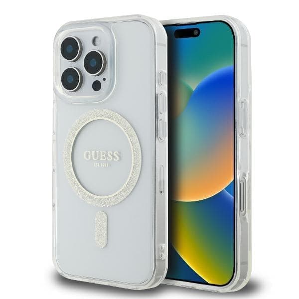 Guess GUHMP16LHFGERET iPhone 16 Pro 6,3" läpinäkyvä kovakotelo IML Glitter Circle MagSafe