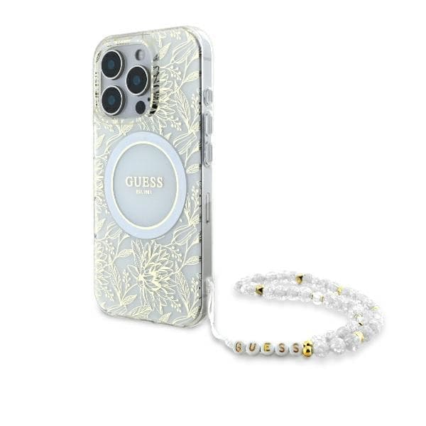 Guess GUHMP16LHCPOFPH iPhone 16 Pro 6,3" valkoinen/valkoinen kovakotelo IML Flowers Allover Electro Helmihihnalla MagSafe