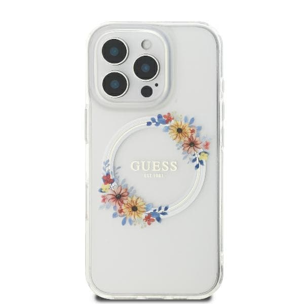 Guess GUHMP16XHFWFCT iPhone 16 Pro Max 6,9" läpinäkyvä kovakotelo IML Flowers Wreath MagSafe