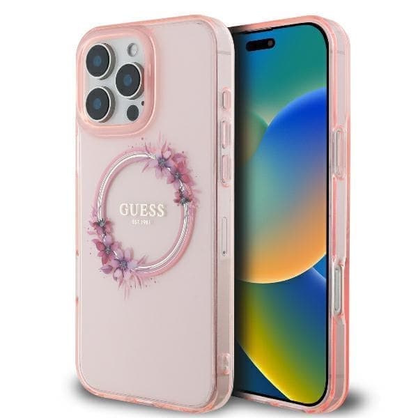Guess GUHMP16LHFWFCP iPhone 16 Pro 6,3" pinkki/vaaleanpunainen kovakotelo IML Flowers Wreath MagSafe