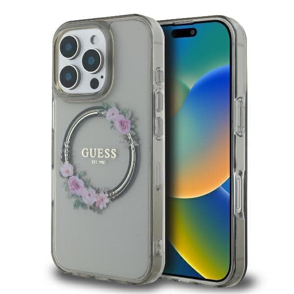 Guess GUHMP16LHFWFCK iPhone 16 Pro 6,3" musta/musta kovakotelo IML Flowers Wreath MagSafe
