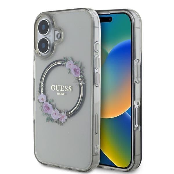 Guess GUHMP16SHFWFCK iPhone 16 6,1" musta/musta kovakotelo IML Flowers Wreath MagSafe