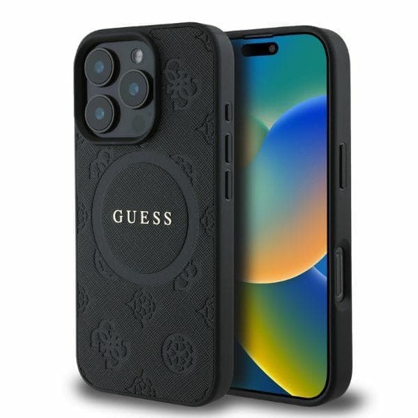 Guess GUHMP16XPSAPSMEK iPhone 16 Pro Max 6,9" musta/musta kovakotelo Saffiano Peony Classic Logo MagSafe