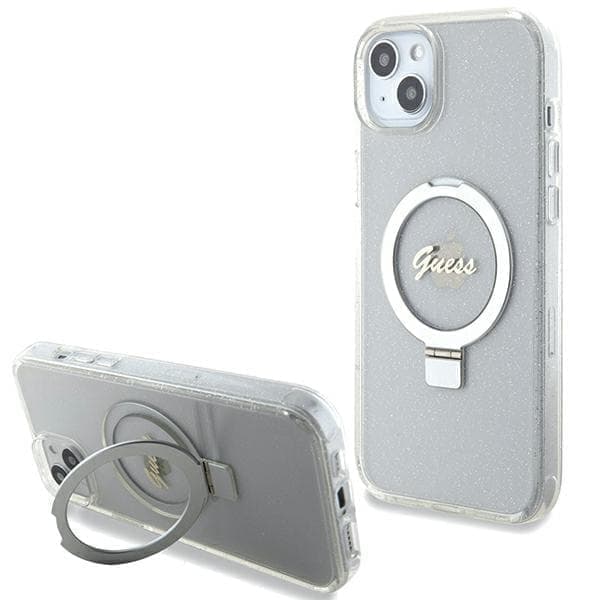 Guess GUHMP15MHRSGSD iPhone 15 Plus / 14 Plus 6,7" läpinäkyvä/läpinäkyvä kova kotelo Sormusteline Script Glitter MagSafe