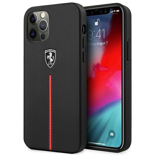 Ferrari FEOMSHCP12LBK iPhone 12 Pro Max musta/musta kovakotelo Off Track Nahka Nylon Stripe