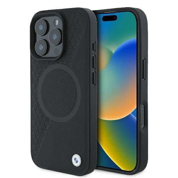 BMW BMHMP16L23RTPK iPhone 16 Pro 6,3" musta/musta kovakotelo kyltti nahka puoliteksturoitu ja pyöreä MagSafe